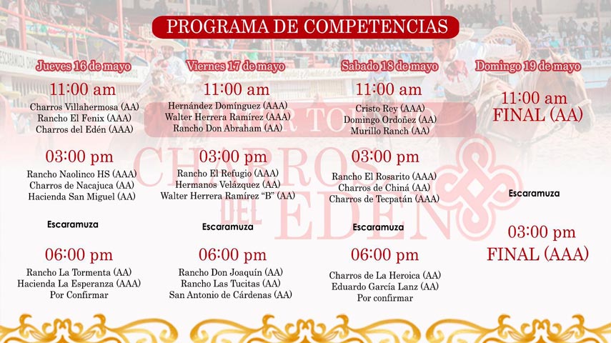 Primer Torneo Charros del Edén 2024, Programa